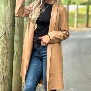 THML Tan Trench Faux Leather Coat with Belted Waist and Lapel Collars